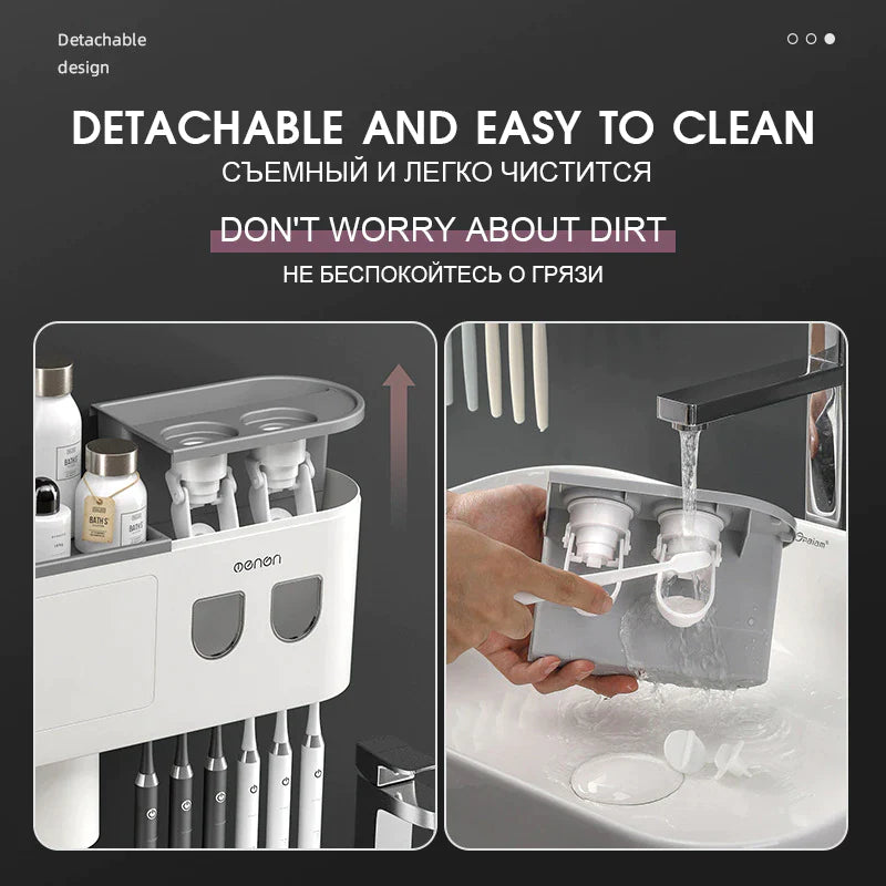 Organizador de Baño Premium con Dispensador Automático de Pasta Dental | Soporte Magnético para Cepillos (2, 3 o 4 Vasos)