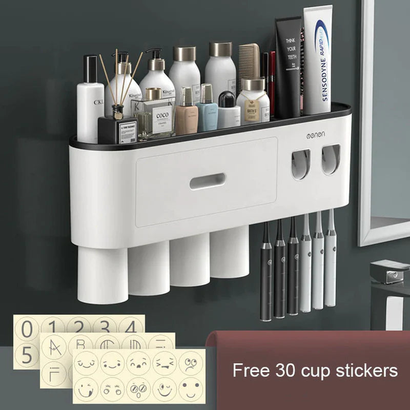 Organizador de Baño Premium con Dispensador Automático de Pasta Dental | Soporte Magnético para Cepillos (2, 3 o 4 Vasos)