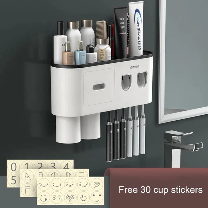 Organizador de Baño Premium con Dispensador Automático de Pasta Dental | Soporte Magnético para Cepillos (2, 3 o 4 Vasos)