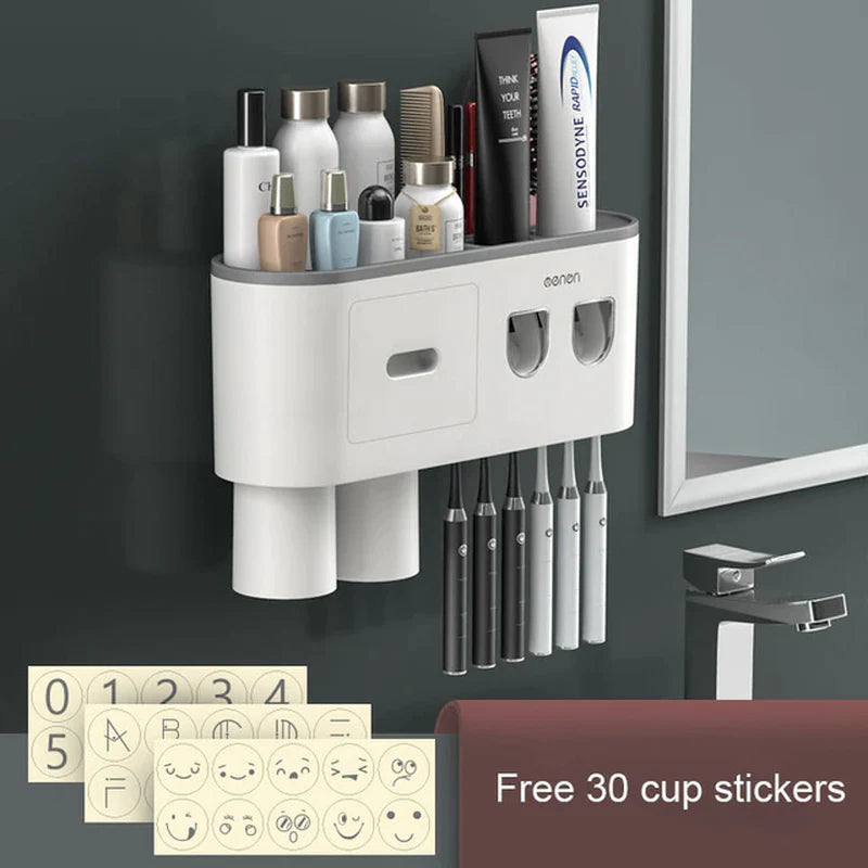 Organizador de Baño Premium con Dispensador Automático de Pasta Dental | Soporte Magnético para Cepillos (2, 3 o 4 Vasos)