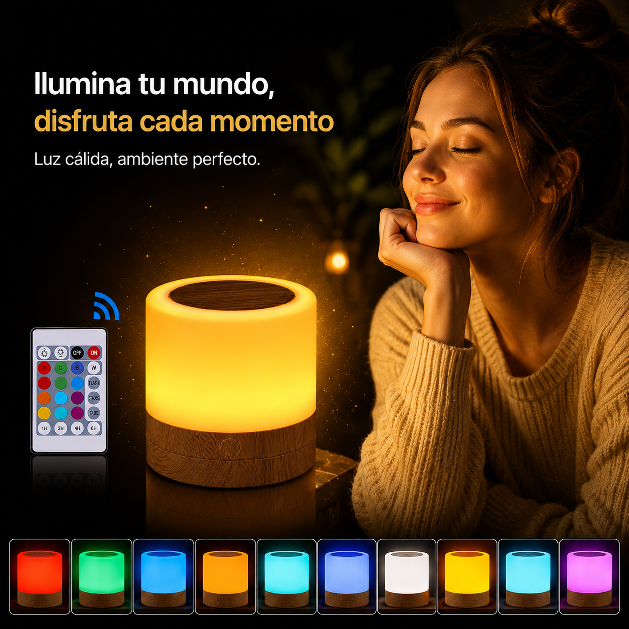 Lámpara LED Nocturna Recargable RGB con Control Táctil y Mando a Distancia | 7 Colores y 3 Niveles de Brillo