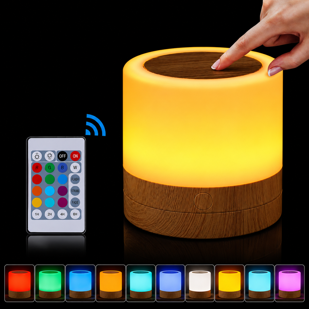 Lámpara LED Nocturna Recargable RGB con Control Táctil y Mando a Distancia | 7 Colores y 3 Niveles de Brillo