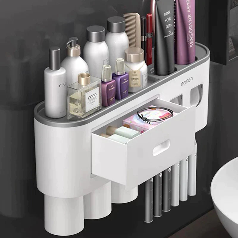 Organizador de Baño Premium con Dispensador Automático de Pasta Dental | Soporte Magnético para Cepillos (2, 3 o 4 Vasos)