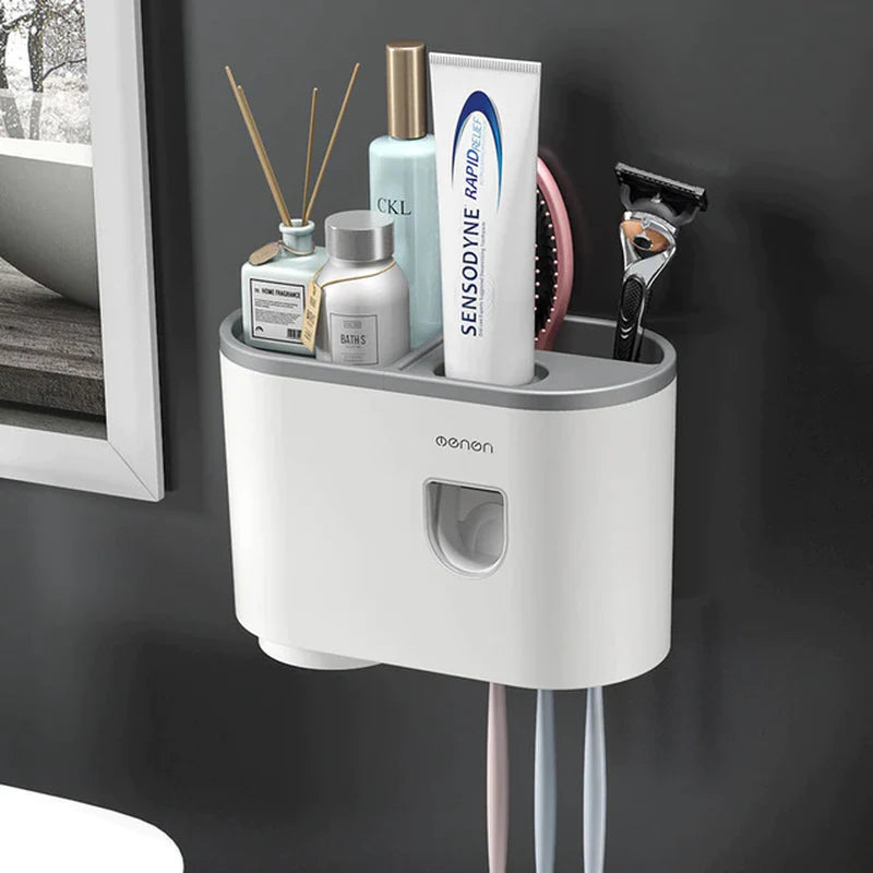 Organizador de Baño Premium con Dispensador Automático de Pasta Dental | Soporte Magnético para Cepillos (2, 3 o 4 Vasos)