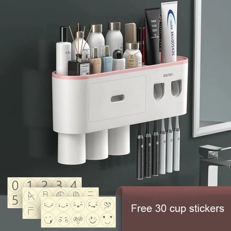 Organizador de Baño Premium con Dispensador Automático de Pasta Dental | Soporte Magnético para Cepillos (2, 3 o 4 Vasos)