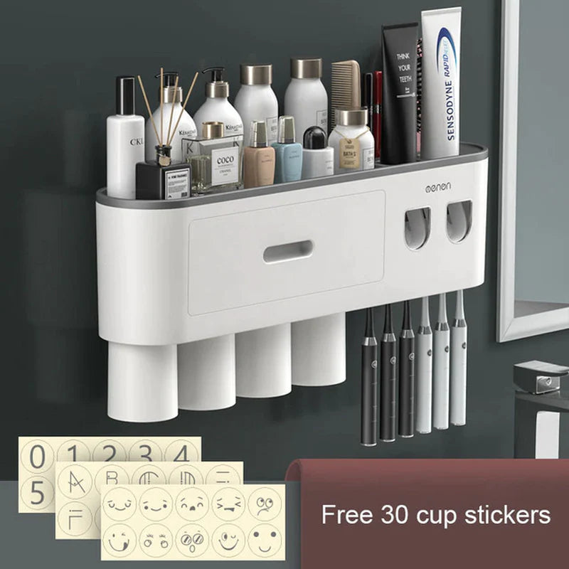 Organizador de Baño Premium con Dispensador Automático de Pasta Dental | Soporte Magnético para Cepillos (2, 3 o 4 Vasos)