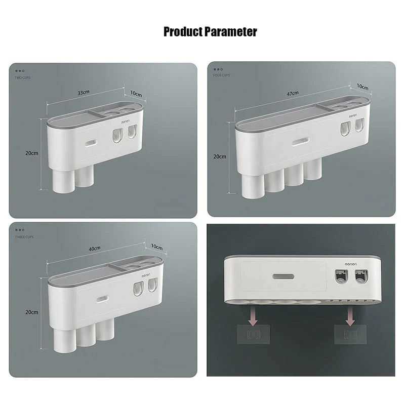 Organizador de Baño Premium con Dispensador Automático de Pasta Dental | Soporte Magnético para Cepillos (2, 3 o 4 Vasos)
