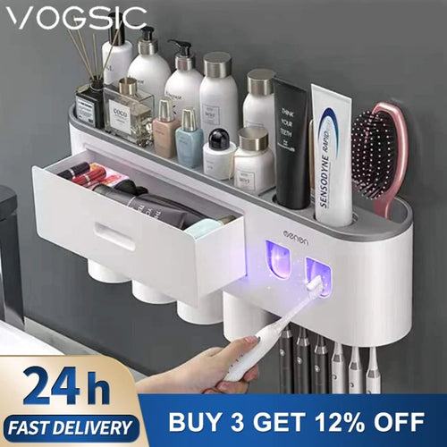 Organizador de Baño Premium con Dispensador Automático de Pasta Dental | Soporte Magnético para Cepillos (2, 3 o 4 Vasos)