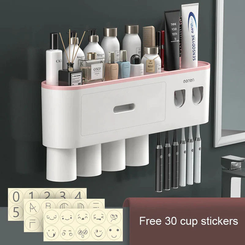 Organizador de Baño Premium con Dispensador Automático de Pasta Dental | Soporte Magnético para Cepillos (2, 3 o 4 Vasos)