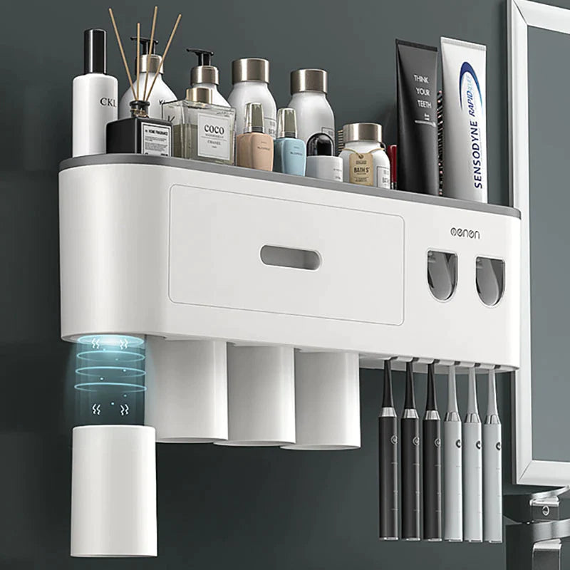Organizador de Baño Premium con Dispensador Automático de Pasta Dental | Soporte Magnético para Cepillos (2, 3 o 4 Vasos)
