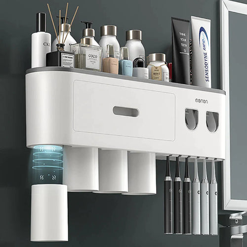 Organizador de Baño Premium con Dispensador Automático de Pasta Dental | Soporte Magnético para Cepillos (2, 3 o 4 Vasos)