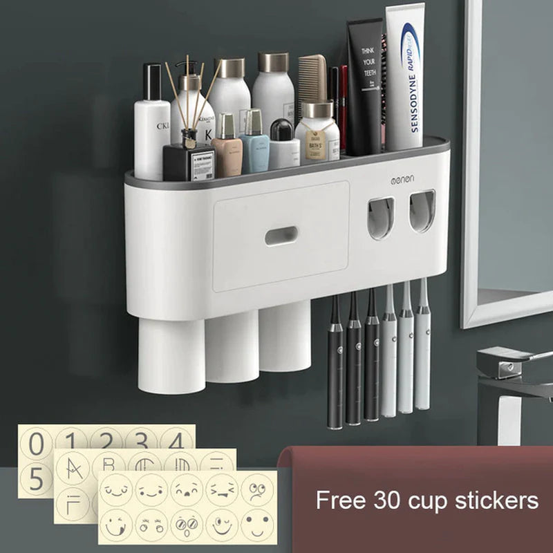 Organizador de Baño Premium con Dispensador Automático de Pasta Dental | Soporte Magnético para Cepillos (2, 3 o 4 Vasos)